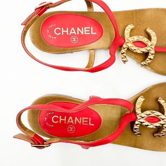 Chanel Interlocking CC Logo Rouge Leather Sandals EU 40C - Picture 6 of 12